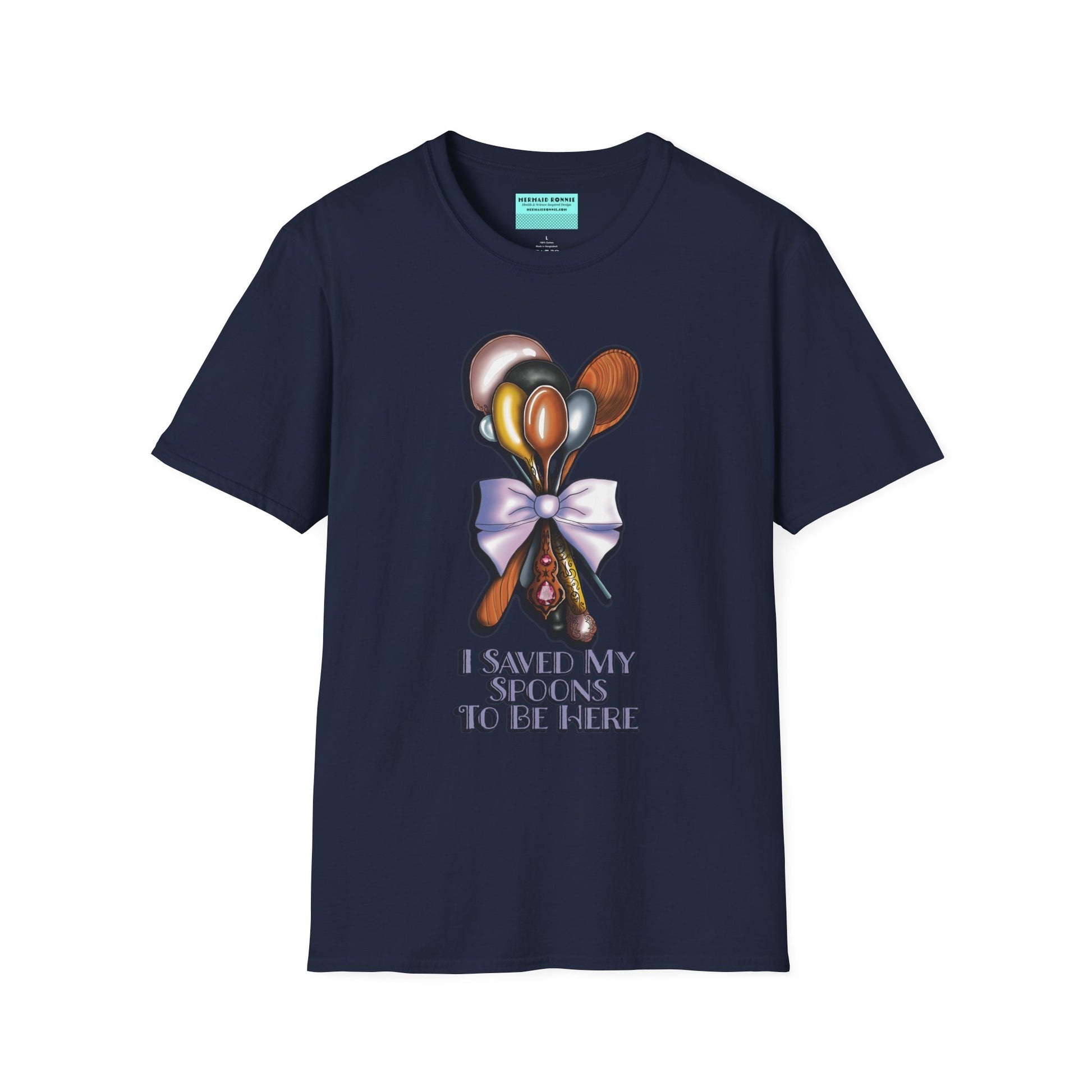 Navy t-shirt with an illustration of a bouquet of spoons and the phrase 'I saved my spoons to be here' printed on the front.