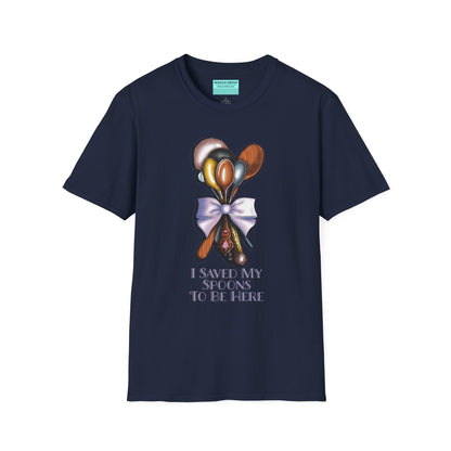 Navy t-shirt with an illustration of a bouquet of spoons and the phrase 'I saved my spoons to be here' printed on the front.