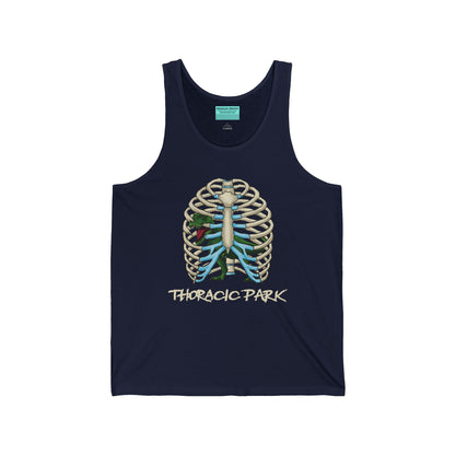 A navy unisex tank top featuring a ribcage with a T-Rex inside, and the punny text "Thoracic Park"—perfect for fans of both dino-sized humor and anatomy!