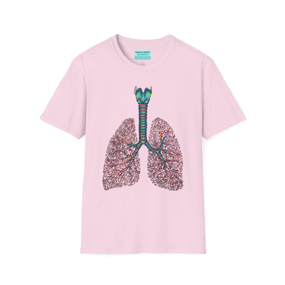 Pink t-shirt featuring an illustration of anatomical lungs, including the bronchi, trachea, and larynx.
