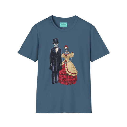 Blue t-shirt featuring skeletons dressed as Abraham and Mary Todd Lincoln, with the skeletons wearing period-specific clothing.