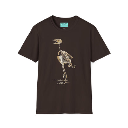 Brown unisex short sleeve t-shirt featuring a peregrine falcon skeleton—proof that even the fastest creature on Earth looks cool in x-ray vision.