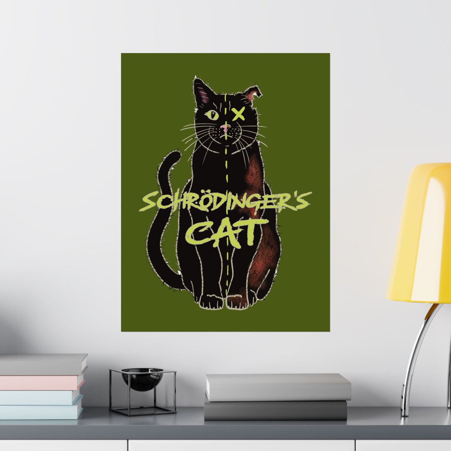 Schrodinger's Cat Art Print Poster, Green Physics Poster, Black Cat Wall Art