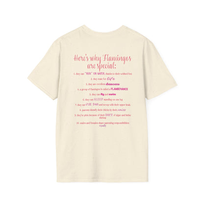Back of a beige unisex short-sleeve tee that proudly declares “Here’s why flamingos are special” above a list of 10 fun flamingo facts — because nothing says style like bird-based trivia on your back.