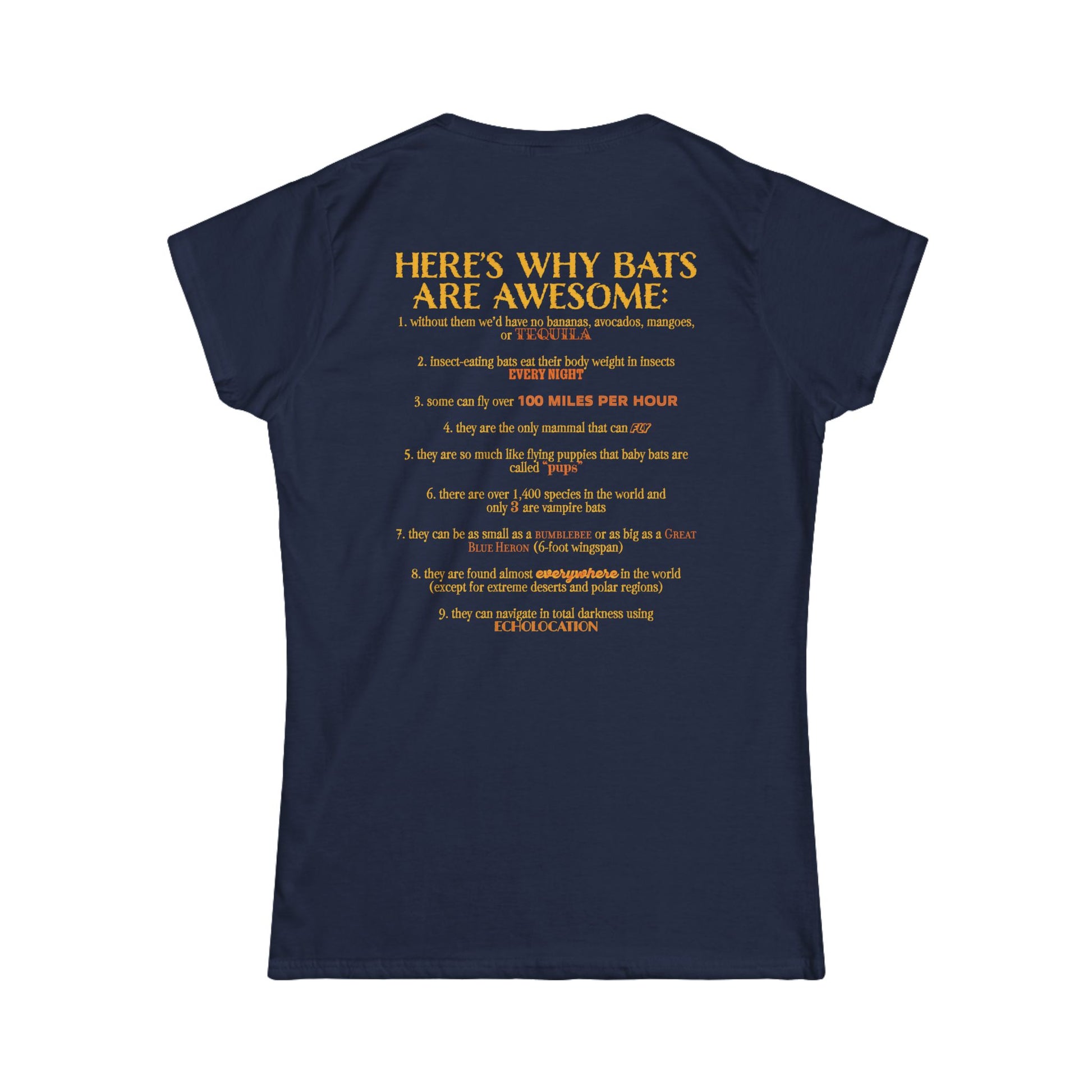 Back of a women’s t-shirt in navy, with the heading 'Here’s why bats are awesome' followed by a list of nine bat facts printed beneath it.