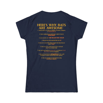 Back of a women’s t-shirt in navy, with the heading 'Here’s why bats are awesome' followed by a list of nine bat facts printed beneath it.