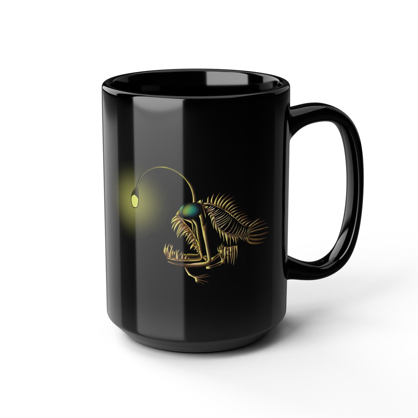 Angler Fish Skeleton Mug: Glowing Bioluminescent Lure Black Ceramic Coffee Mug