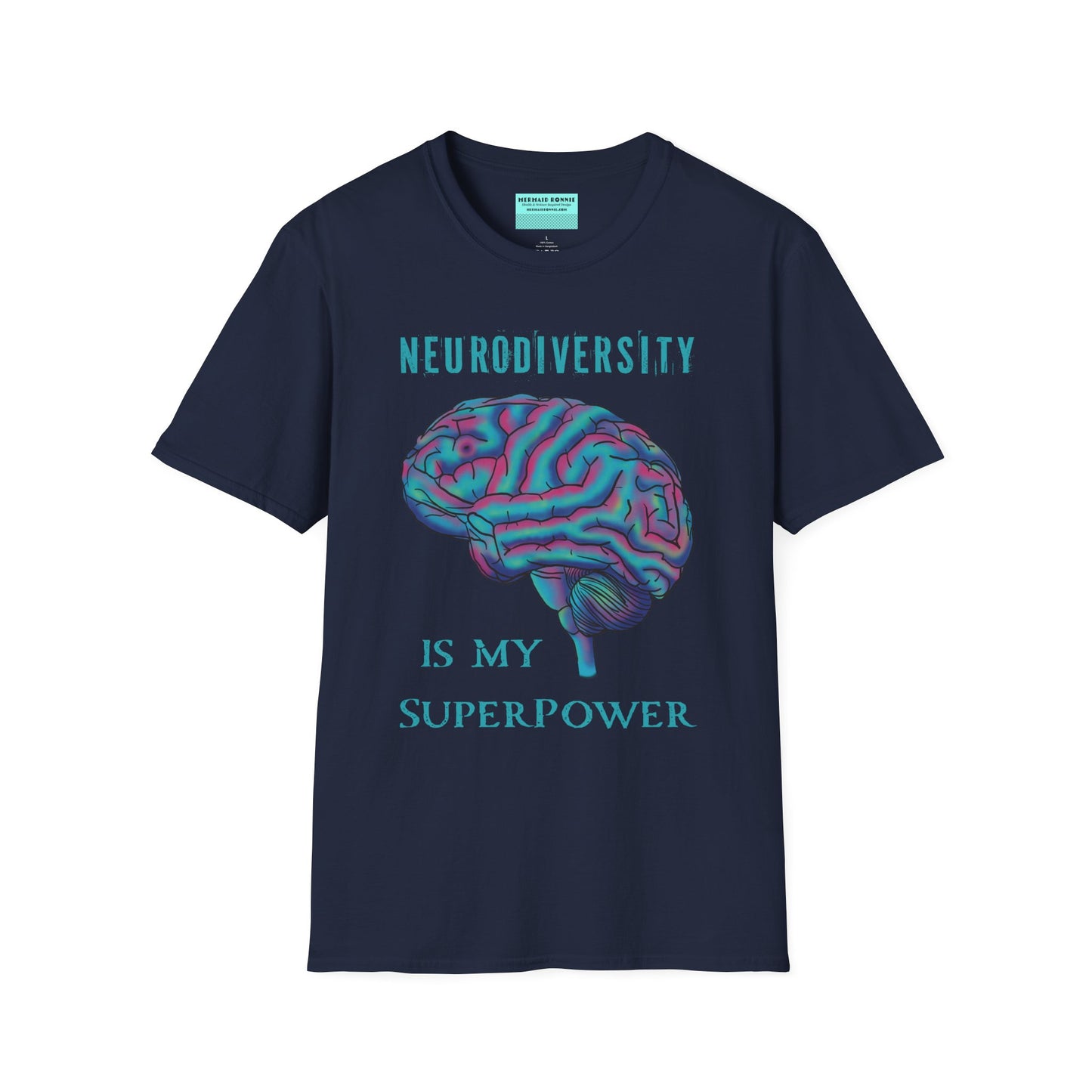 Navy t-shirt featuring an anatomical drawing of a brain, with the phrase 'Neurodiversity is my superpower' printed on it.