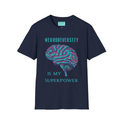 Navy t-shirt featuring an anatomical drawing of a brain, with the phrase 'Neurodiversity is my superpower' printed on it.