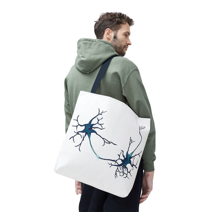Neuron Tote Bag with Navy Blue Handles, White Bag with Brain Cell Illustration, Anatomy Gift