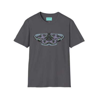 Dark grey t-shirt featuring a drawing of a blue and purple moth.