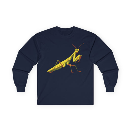 Long sleeve unisex navy shirt featuring an illustration of a yellow and green praying mantis insect on the front.