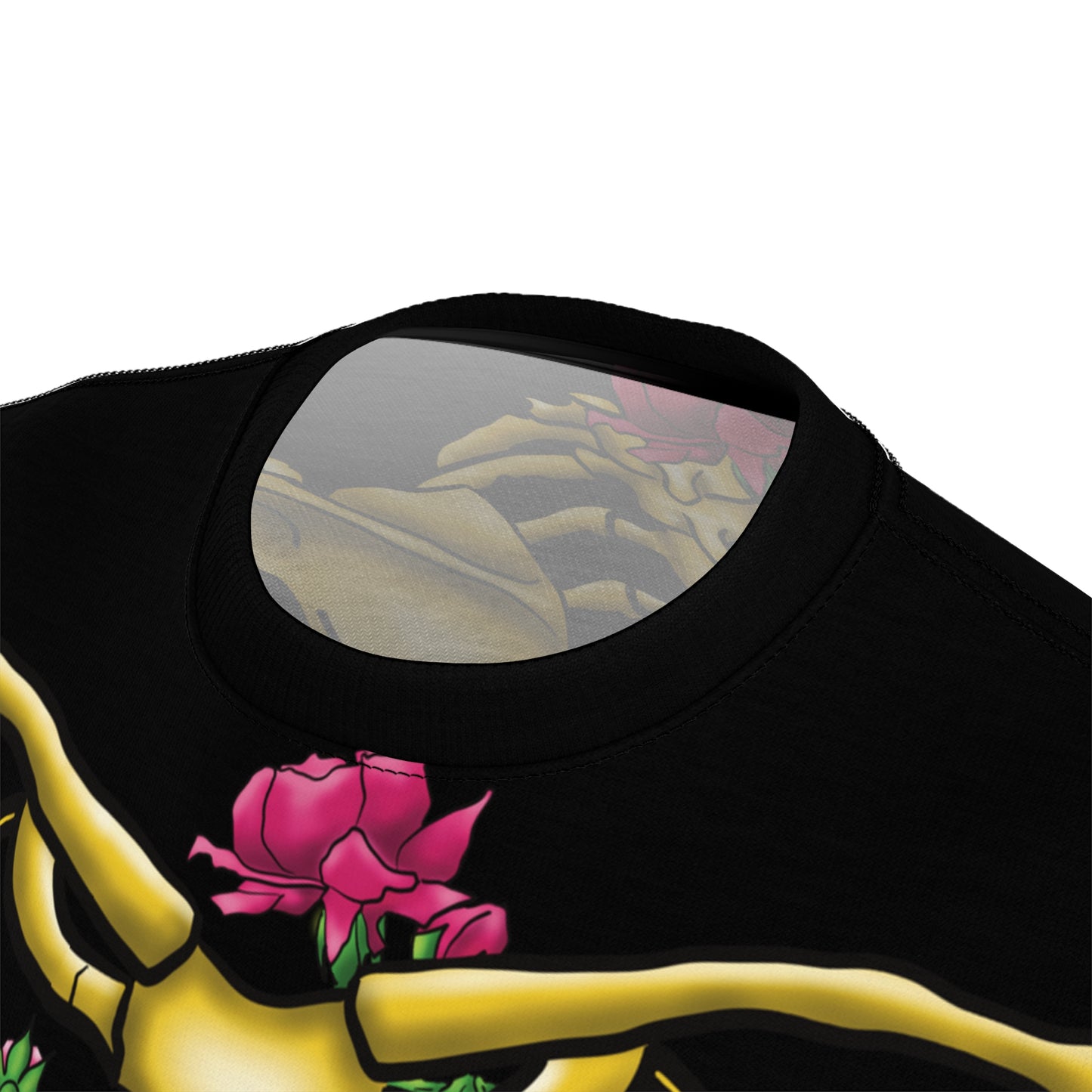 Close up view of a unisex black athletic t-shirt featuring a gold anatomical skeleton adorned with blooming pink roses—because strength and beauty aren't mutually exclusive, and your bones deserve to blossom.