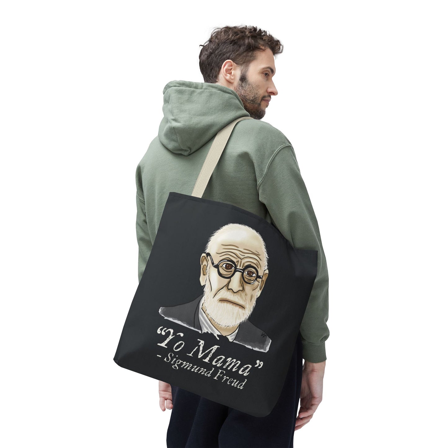 Funny Sigmund Freud Tote Bag, Psychology Humor Reusable Bag, Dark Grey Canvas Bag with Beige Handles
