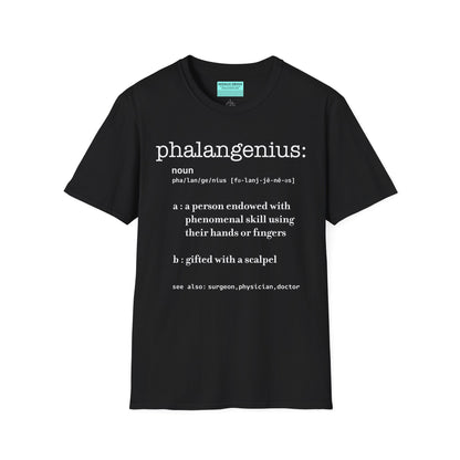 Black t-shirt featuring a dictionary-style definition of the term 'Phalangenius,' a humorous play on the terms 'phalange' and 'genius,' aimed at surgeons.