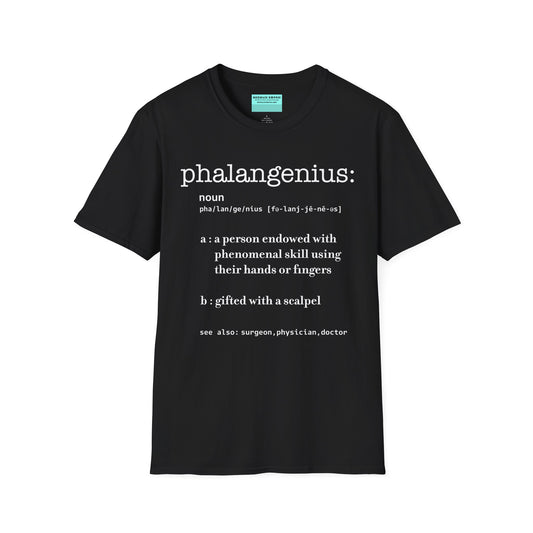 Black t-shirt featuring a dictionary-style definition of the term 'Phalangenius,' a humorous play on the terms 'phalange' and 'genius,' aimed at surgeons.
