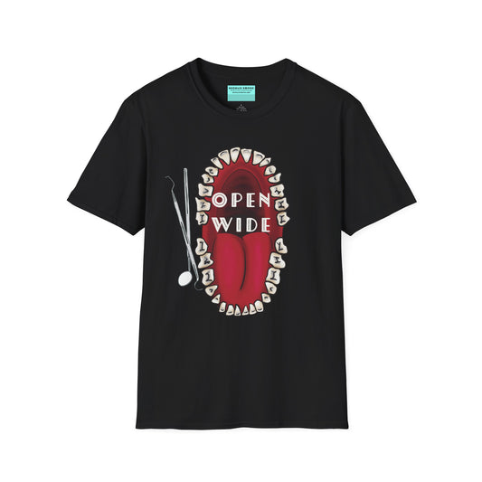 Black t-shirt featuring a humorous illustration of a large mouth wide open, with dental tools beside it. The text 'Open Wide' is displayed across the image, perfect for dental professionals.