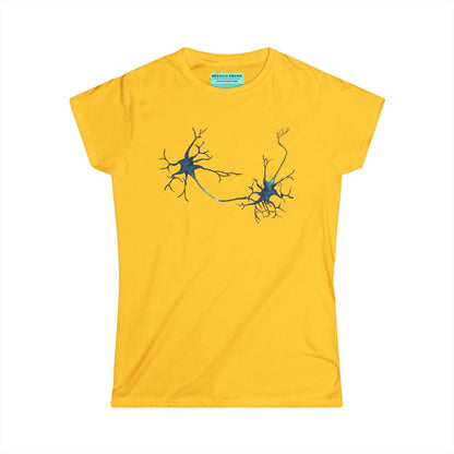 Women’s t-shirt in yellow featuring an illustration of two multipolar neurons forming a synapse.