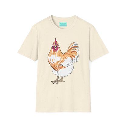 Beige t-shirt featuring an illustration of a chicken.