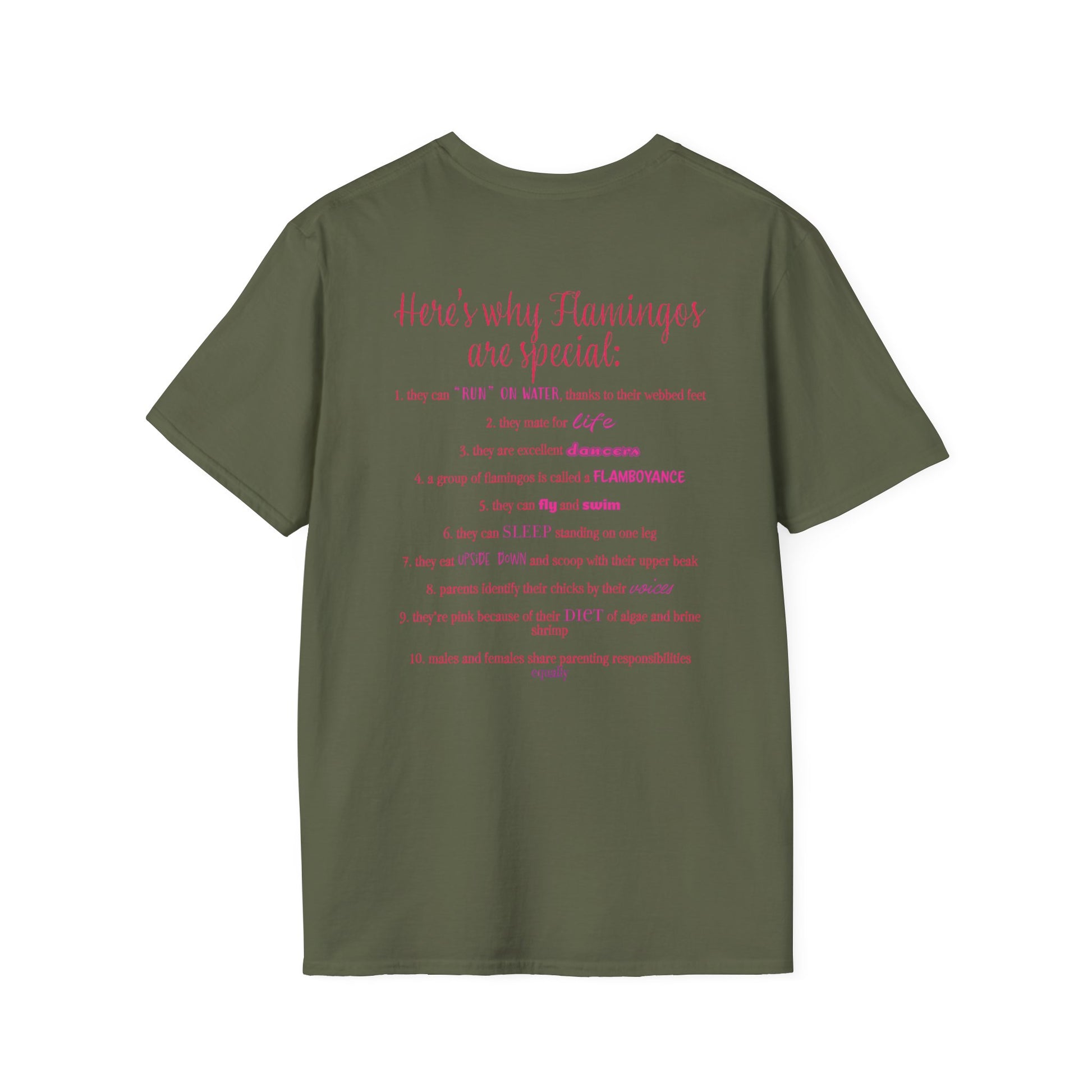 Back of a military green unisex short-sleeve tee that proudly declares “Here’s why flamingos are special” above a list of 10 fun flamingo facts — because nothing says style like bird-based trivia on your back.