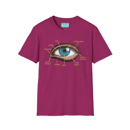 Pink shirt featuring an anatomical diagram of an eye, with labeled parts of the eye displayed.