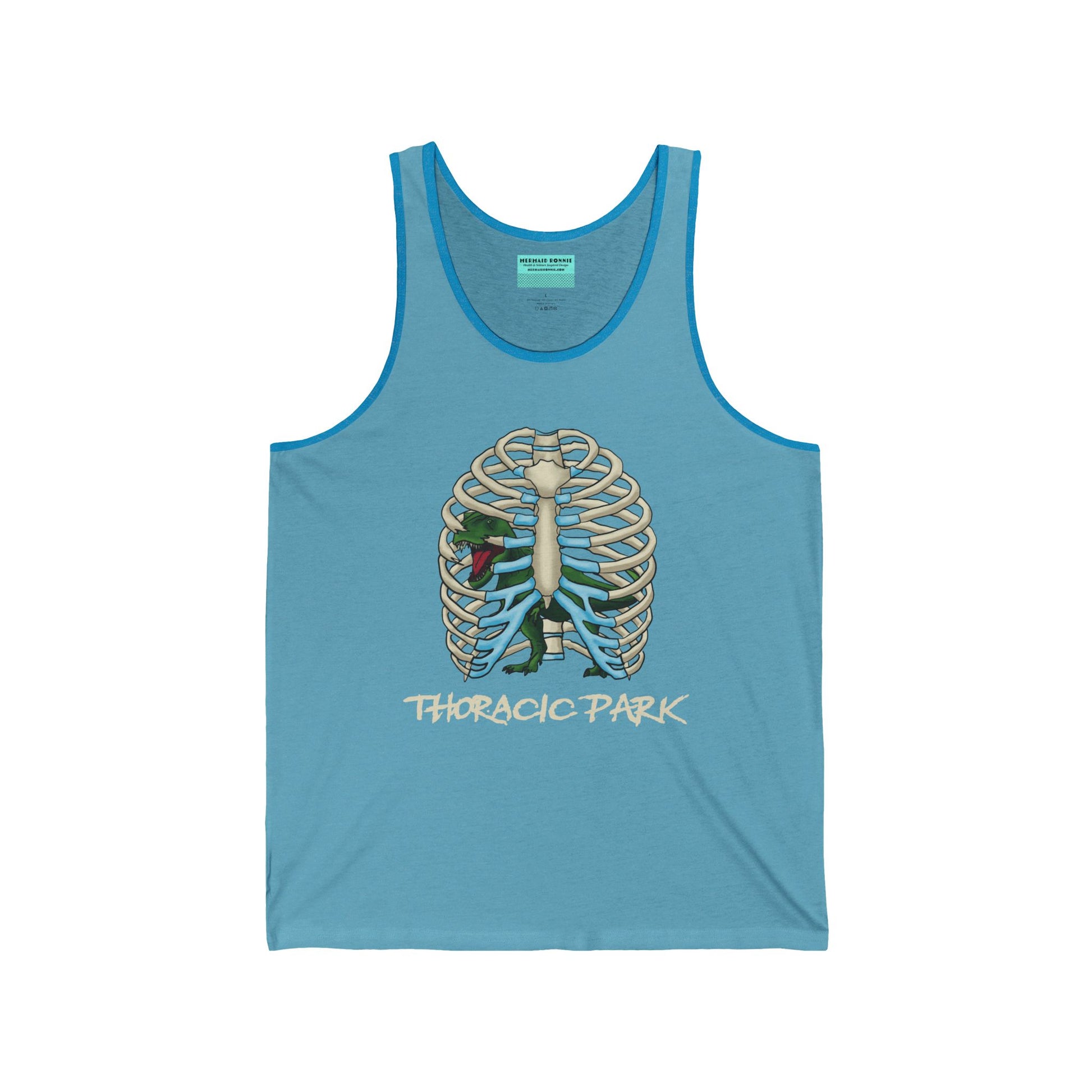 A light blue unisex tank top featuring a ribcage with a T-Rex inside, and the punny text "Thoracic Park"—perfect for fans of both dino-sized humor and anatomy!