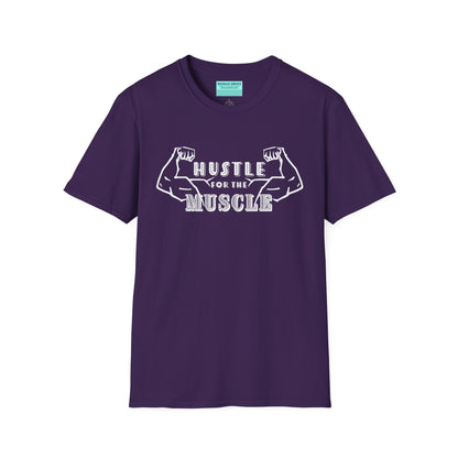 Purple unisex short sleeve t-shirt featuring a pair of flexed, muscle-bound arms and the bold text "Hustle for the Muscle"—because gains don’t come from wishes, they come from reps.
