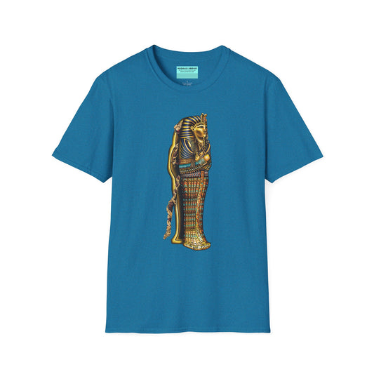 Tropical blue  t-shirt featuring an illustration of an Egyptian sarcophagus, with a mummy stepping out of it and glowing red eyes.