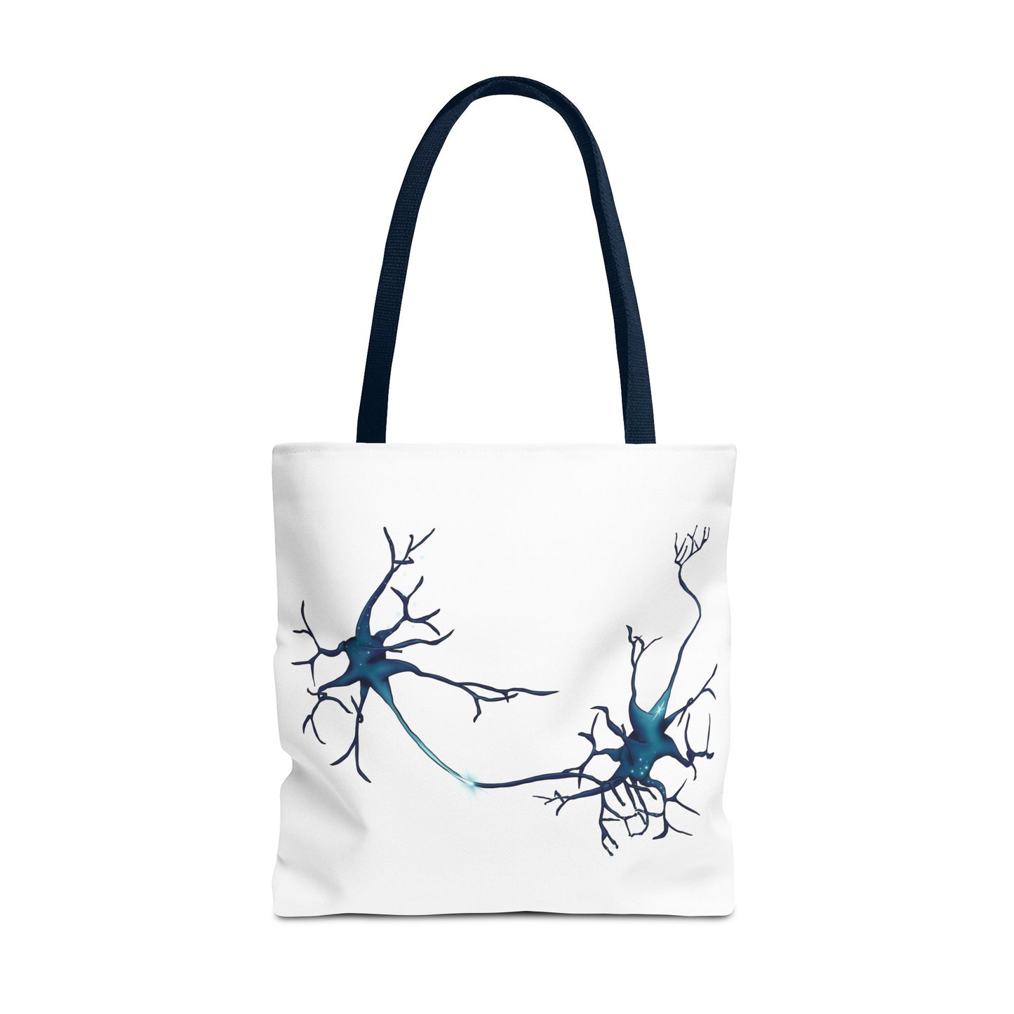 Neuron Tote Bag with Navy Blue Handles, White Bag with Brain Cell Illustration, Anatomy Gift