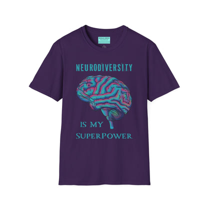 Purple t-shirt featuring an anatomical drawing of a brain, with the phrase 'Neurodiversity is my superpower' printed on it.