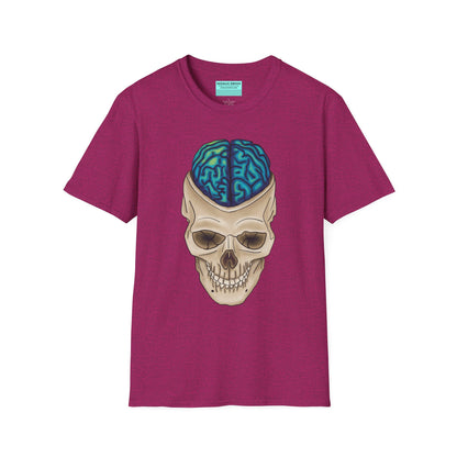 Fuscia t-shirt featuring a drawing of an anatomical skull, with a brain emerging from the top.