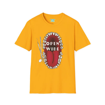 Dental Professional T-Shirt, Open Wide Design with Teeth and Dental Tools for Dentists and Dental Hygienists