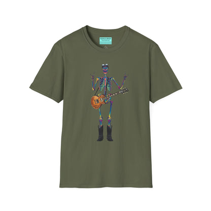 Military green t-shirt featuring a tie-dye skeleton holding a guitar, dressed like a classic rocker with boots, a bandana, and rock-style clothing.