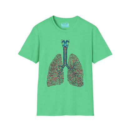 Green t-shirt featuring an illustration of anatomical lungs, including the bronchi, trachea, and larynx.