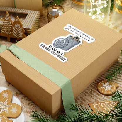 Medium sticker on a gift with a drawing of a raccoon sitting in a metal trash can, accompanied by the text: 'chronic illness is like being this adorable raccoon living in a trash can body.'