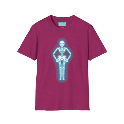 Fuscia t-shirt featuring an illustration of a glowing neon sign in the shape of a skeleton.