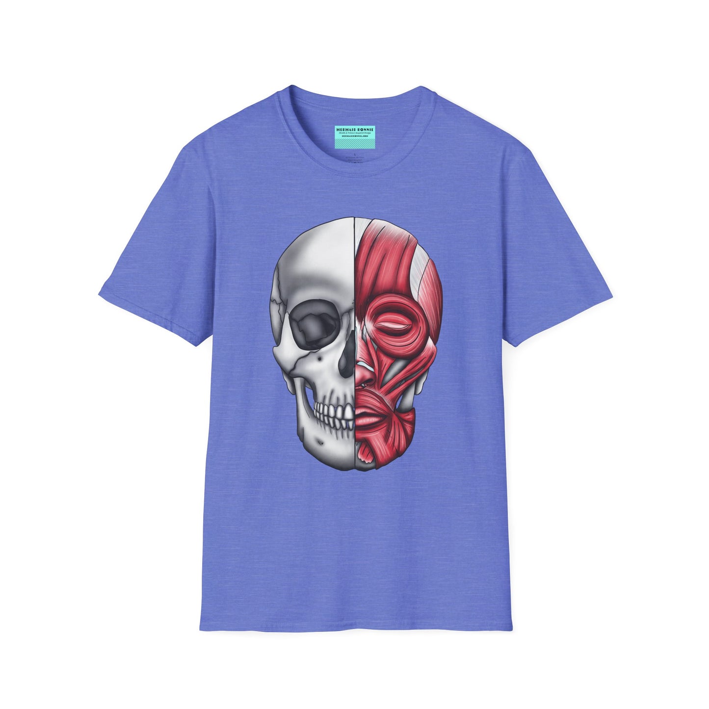 Cornflower blue shirt featuring an anatomically correct skull illustration, with half of the skull covered by facial muscles.