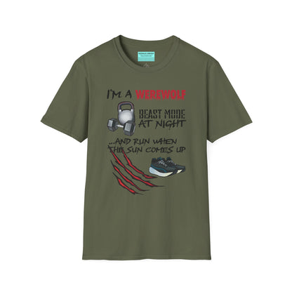 Military green t-shirt featuring illustrations of kettlebells, dumbbells, and running shoes, with the phrase 'I'm a werewolf. Beast mode at night, and run when the sun comes up.'