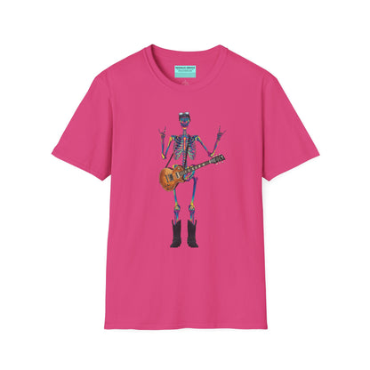 Pink t-shirt featuring a tie-dye skeleton holding a guitar, dressed like a classic rocker with boots, a bandana, and rock-style clothing.