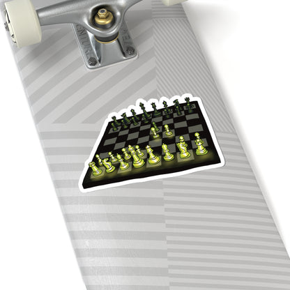 Large sticker on a skateboard featuring a drawing of a chessboard with pieces illuminated by green light, showing the opening move known as the Queen’s Gambit.