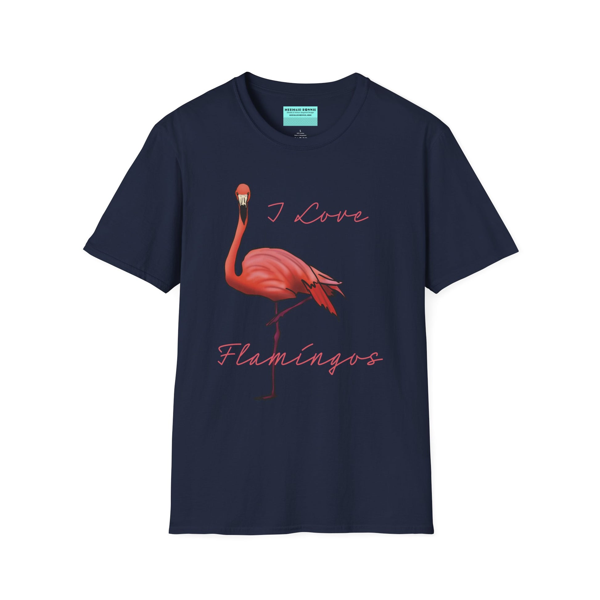 Navy unisex short-sleeve tee with a fabulously pink flamingo strutting its stuff and the words “I love flamingos” — for anyone whose spirit animal stands on one leg.