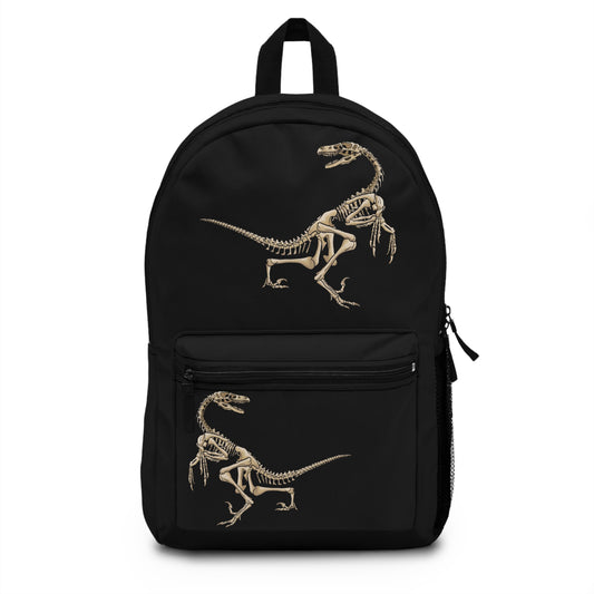 Black backpack featuring illustrations of two velociraptor skeletons in a dynamic, fossil-style design
