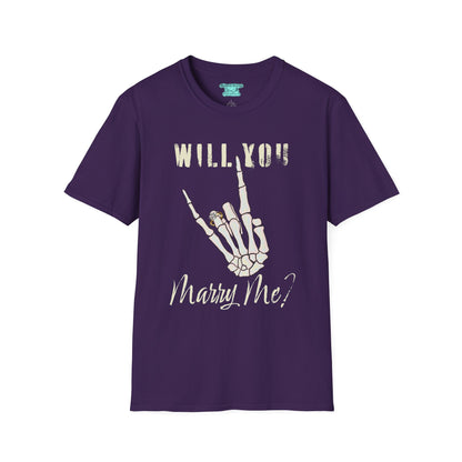 Will You Marry Me T-Shirt, Skeleton Rock and Roll Symbol, Unisex Wedding Proposal Tee