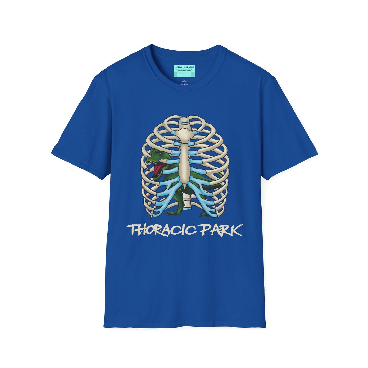 Royal blue unisex short sleeve tee with a clever Jurassic twist—an anatomical rib cage doubles as a prehistoric prison for a tiny T-Rex, with the punny caption "Thoracic Park" below. It's dino-mite meets anatomy class in the best way possible.