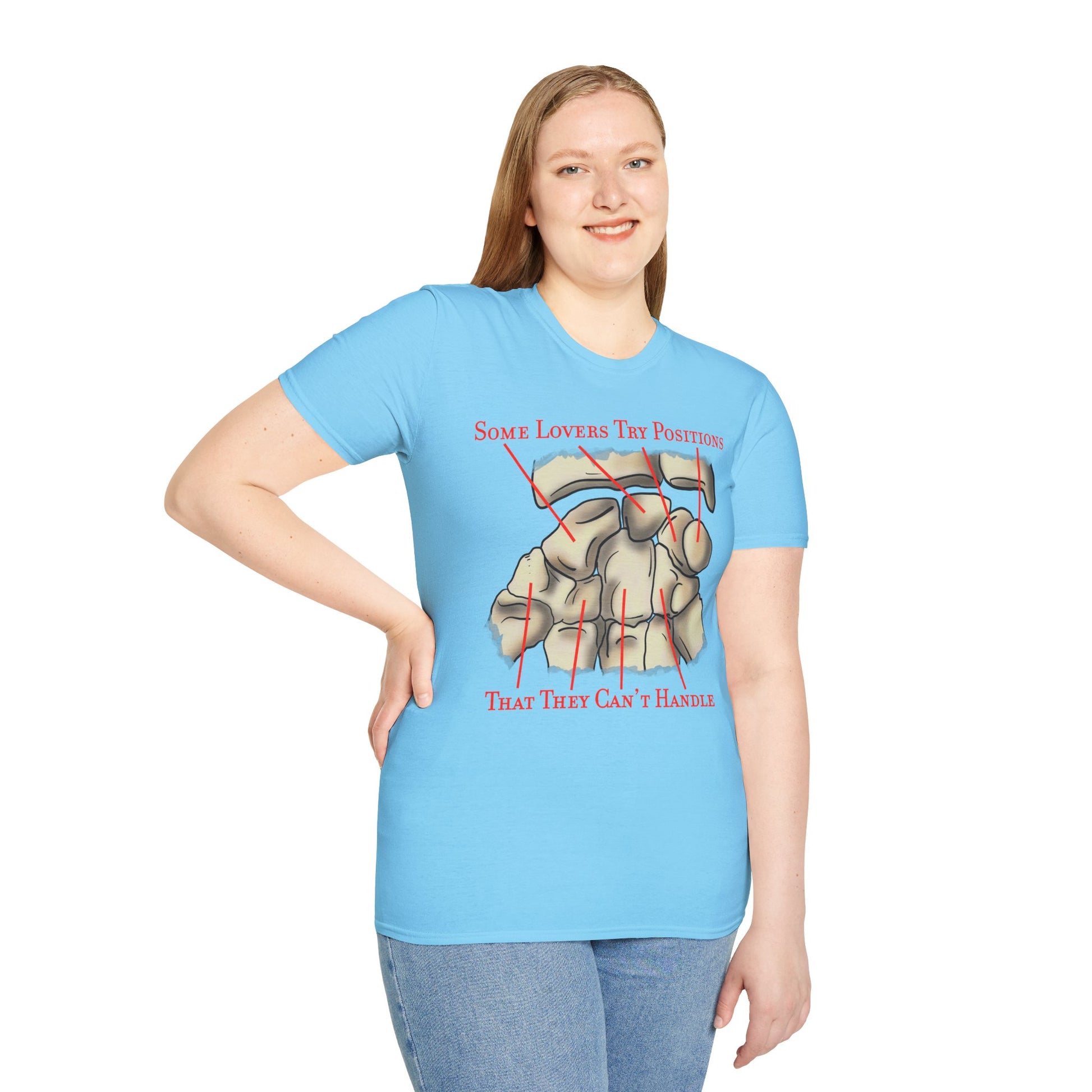 Woman wearing a blue t-shirt featuring an anatomical drawing of the carpal bones, with the mnemonic 'Some lovers try positions that they can't handle' displayed.