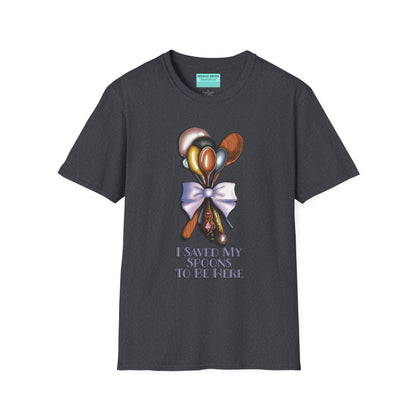 Grey t-shirt with an illustration of a bouquet of spoons and the phrase 'I saved my spoons to be here' printed on the front.