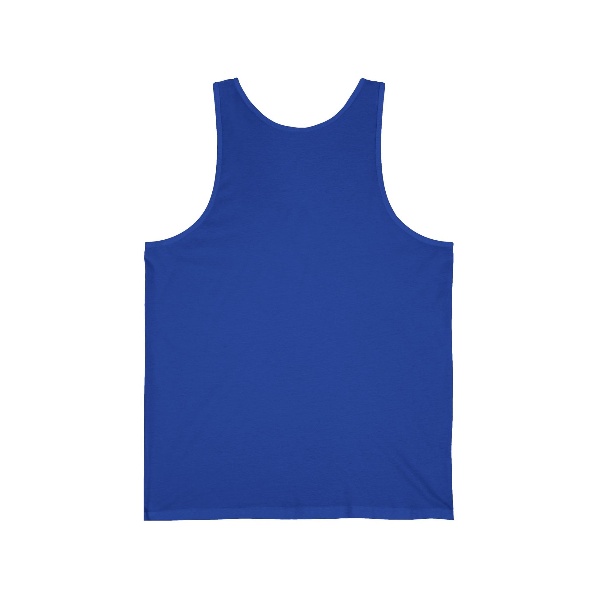 The back view of a royal blue unisex adult tank top.