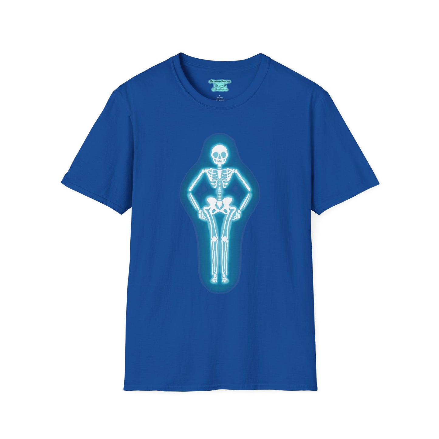 Neon Skeleton Graphic T-Shirt, Glowing Blue Neon Sign Tee, Unisex Skeleton Shirt
