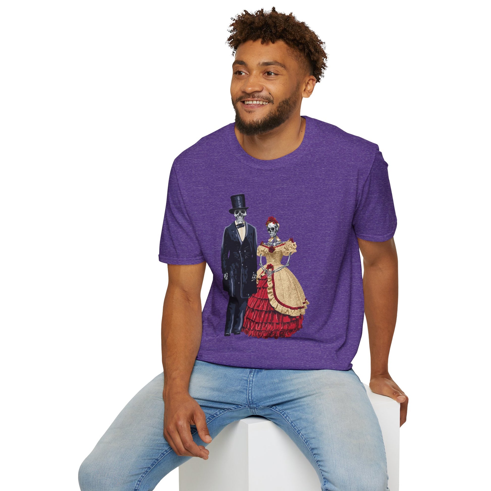 Man wearing a purple t-shirt featuring skeletons dressed as Abraham and Mary Todd Lincoln, with the skeletons in period-appropriate attire.
