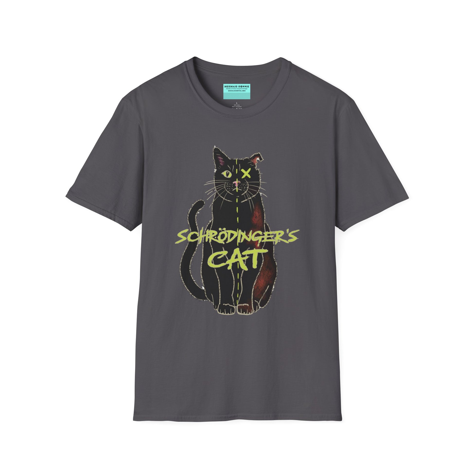 Charcoal grey unisex short-sleeve tee featuring the infamous Schrödinger’s cat—half-alive, half-dead, and fully committed to quantum confusion. The feline paradox lounges proudly beneath the words "Schrödinger's Cat," because science jokes are both alive and kicking and six feet under.